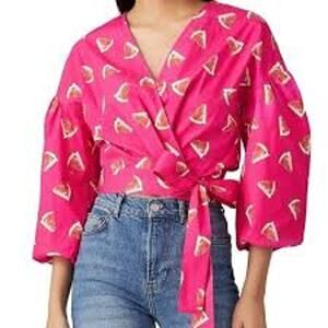 Color Me Courtney Emily Watermelon Puff Sleeve Wrap Top Pink Womens Medium